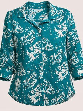 Chicos Women's Blouse Top Button Up Shirt Teal Green White Sea Shell SZ 2 US 12